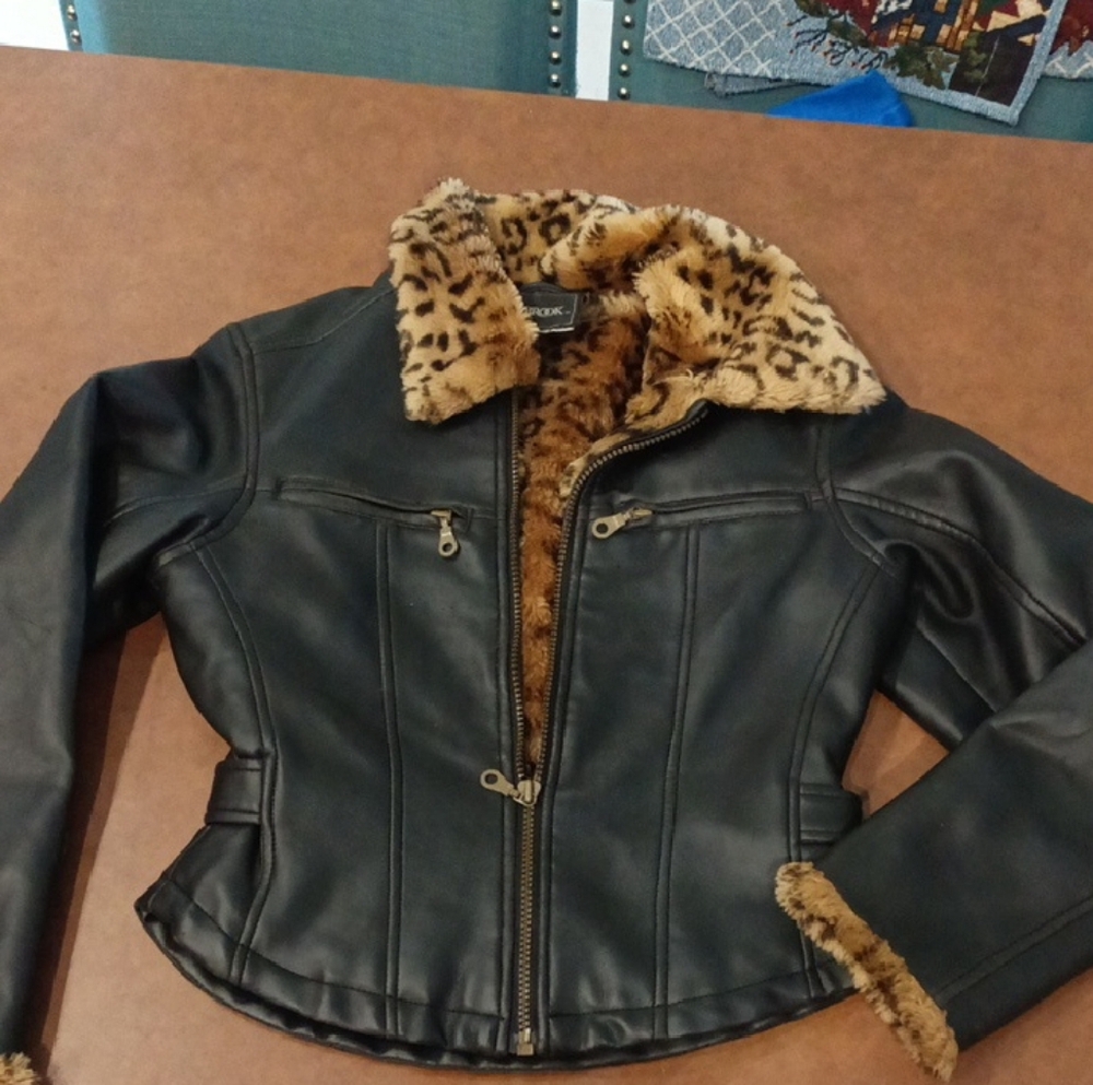 Black and Brown Leather Jackets with Animal Print Accents